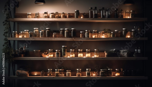 Glowing candle collection illuminates old wooden shelf generated by AI