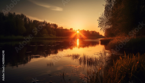 Tranquil sunset over blue pond reflects vibrant nature generated by AI