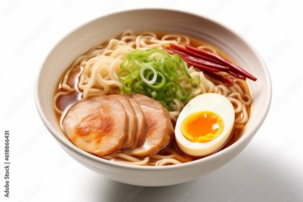 background white mushroom ramen bowl meal soup food asian noodle japanese. Generative AI. background white mushroom ramen bowl meal soup food asian noodle japanese. Generative AI.