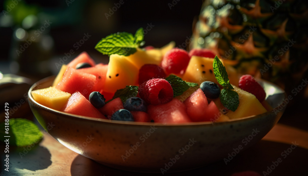 Healthy fruit salad with blueberry, raspberry, and mint generated by AI