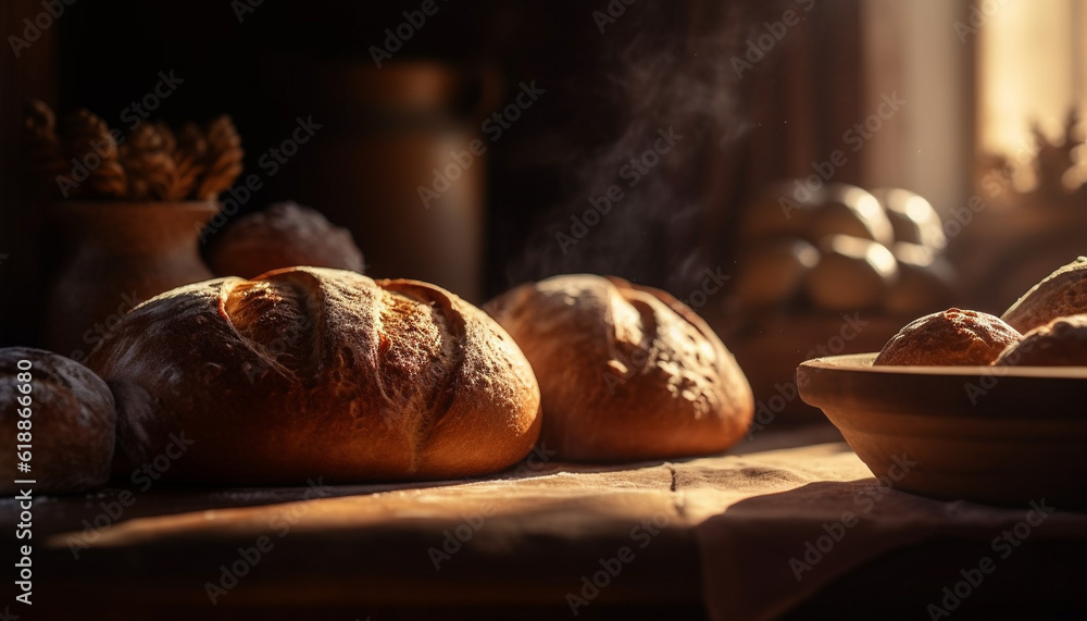 Homemade bread on rustic table, fresh and organic generated by AI Homemade bread on rustic table, fresh and organic generated by AI