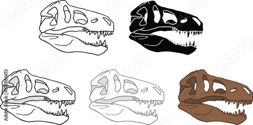 T-Rex / Tyrannosaurus Rex Dinosaur Skull Fossil Clipart - Outline, Silhouette & Color
