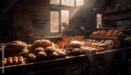 Freshly baked bread and pastries fill store shelves generated by AI