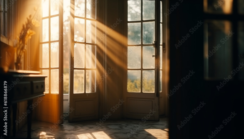 Obraz premium Sunset silhouette of city life through window generated by AI