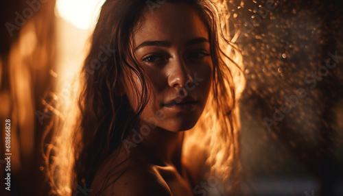 Young woman enjoying the sunset by water generated by AI