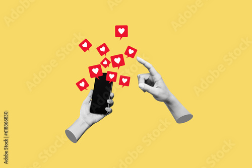Female hand pointing to like symbols of social networks from mobile phone with black screen on yellow color background. 3d trendy collage in magazine urban style. Contemporary art. Modern design