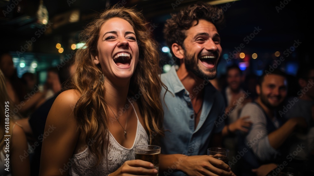 Young Couples Enjoying a Karaoke Session at Home. Generative AI Young Couples Enjoying a Karaoke Session at Home. Generative AI