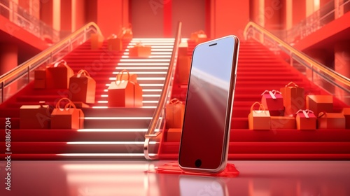 E-Commerce on a Smartphone, The Heartbeat of Digital Trade, Rendered in 3D against a Striking Red Background, Depicting the Ease and Security of Mobile Shopping, generative ai.