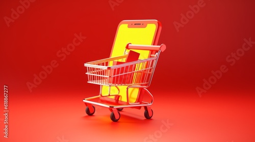 E-Commerce on a Smartphone, The Heartbeat of Digital Trade, Rendered in 3D against a Striking Red Background, Depicting the Ease and Security of Mobile Shopping, generative ai.