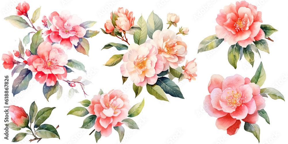 Bundle of Watercolor Illustrations Set of camellia japanese Flowers with Expressions of Leaves and Branches