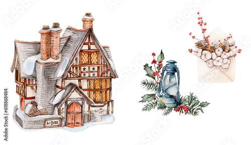 Watercolor wnter house with a snow covered roof. lamp, envelop and cotton branches. Hand drawn illustration of a winter cottage for invitations, greeting cards, prints, packaging. photo