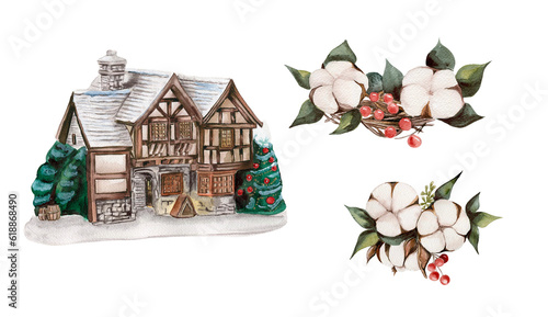 Watercolor wnter house with a snow covered roof. Hand drawn illustration of a winter cottage for invitations, greeting cards, prints, packaging. Merry christmas and happy new year. photo