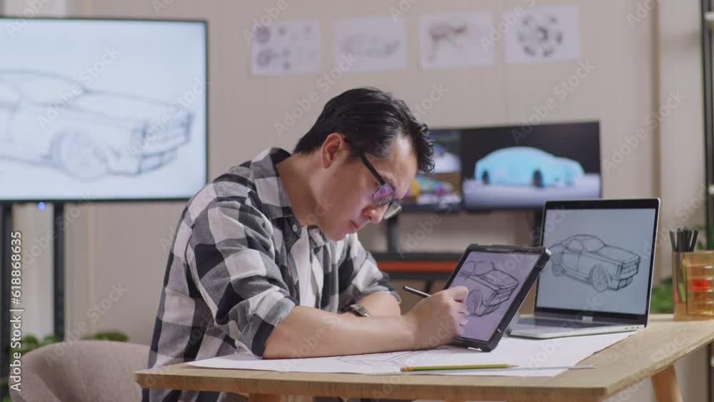 Side View Of Asian Male Yawning While Drawing New Car Design Concept On A Tablet In The Studio With Tv And Computers Display 3D Electric Car Model
Side View Of Asian Male Yawning While Drawing New Car Design Concept On A Tablet In The Studio With Tv And Computers Display 3D Electric Car Model