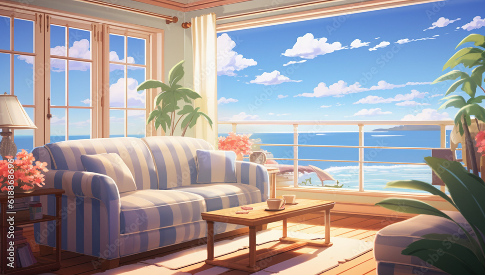 Fototapeta premium アニメの背景素材-海の見えるリビング