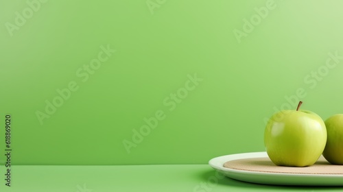 Fresh green apples on a plate. Free space for text. For banner,poster, site, web. Photo Ai generated.