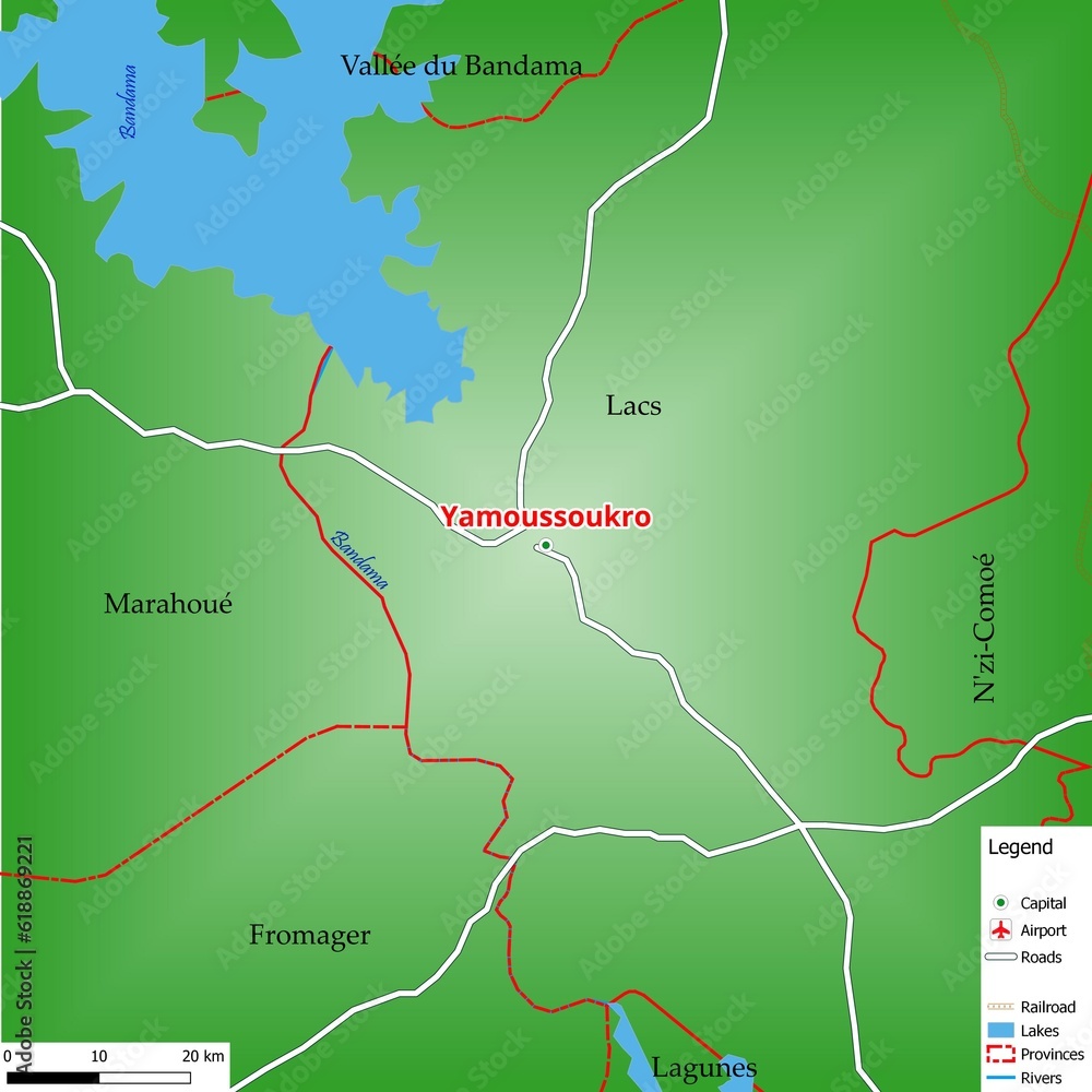 Map of the capital city Yamoussoukro with main streets, rivers, lakes, urban areas and names of counties near Map of the capital city Yamoussoukro with main streets, rivers, lakes, urban areas and names of counties near