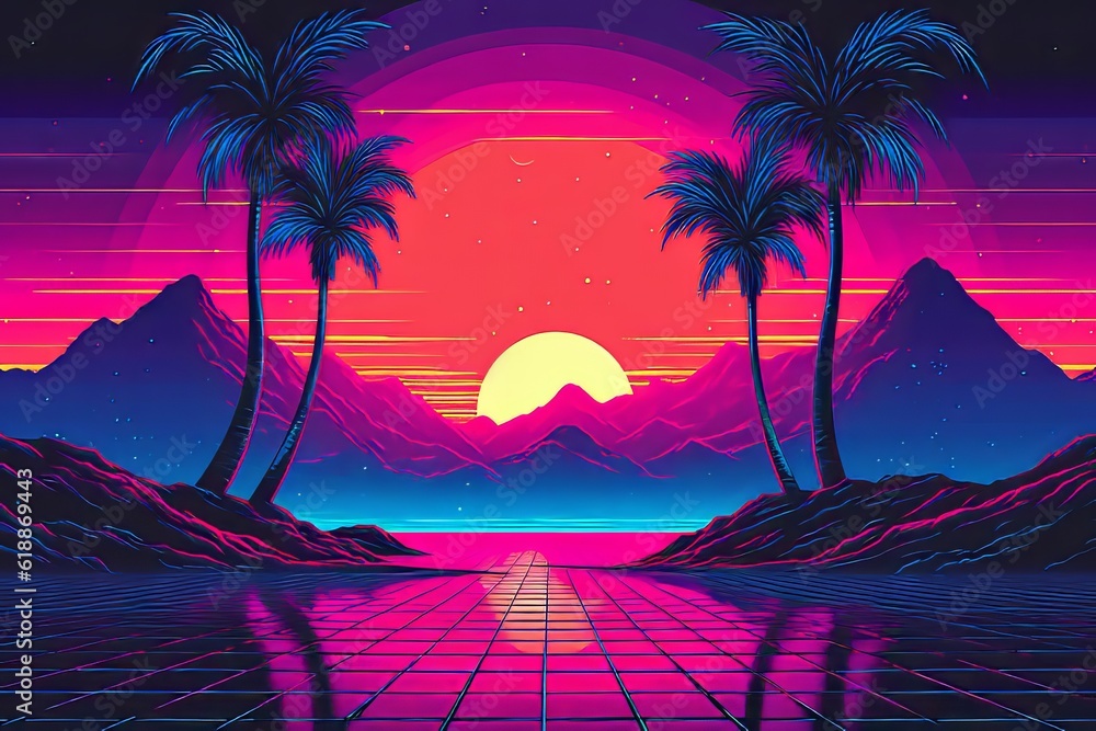  Retro futuristic sci-fi, 90s nostalgia. Neon colors of night with stargazing sky, cyberpunk vintage illustration with palms. Landscape of retrowave. Cyberpunk 2077