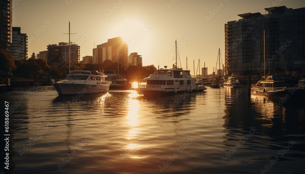 Luxury yacht sails into tranquil cityscape sunset generated by AI