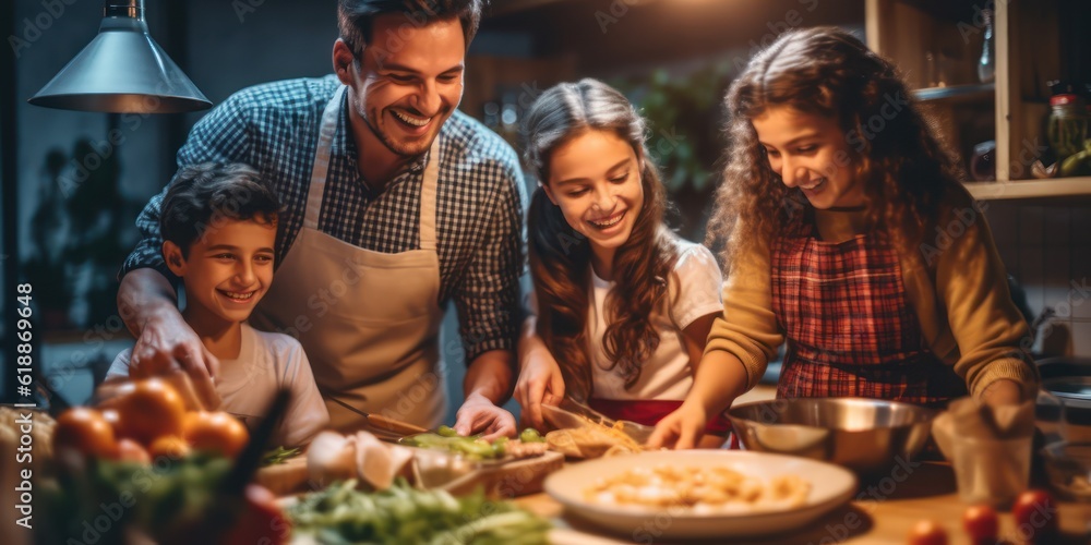 Generative AI. The family cooks food together. Parents with children preparing dinner 3d illustration concept Generative AI. The family cooks food together. Parents with children preparing dinner 3d illustration concept