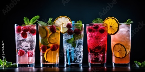 Generative AI. Colourful icy summer drinks cocktails on the colourful background. Summer background concept