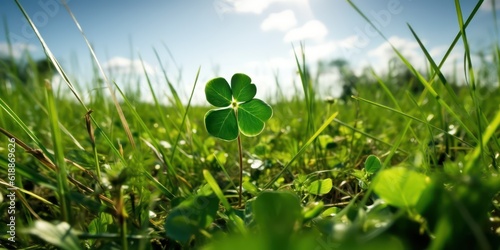 Generative AI. St. Patrick's Day 3d illustration concept.  Shamrock leaf on the field at sunny day in spring with green background. 3d illustration of clover leaf. 