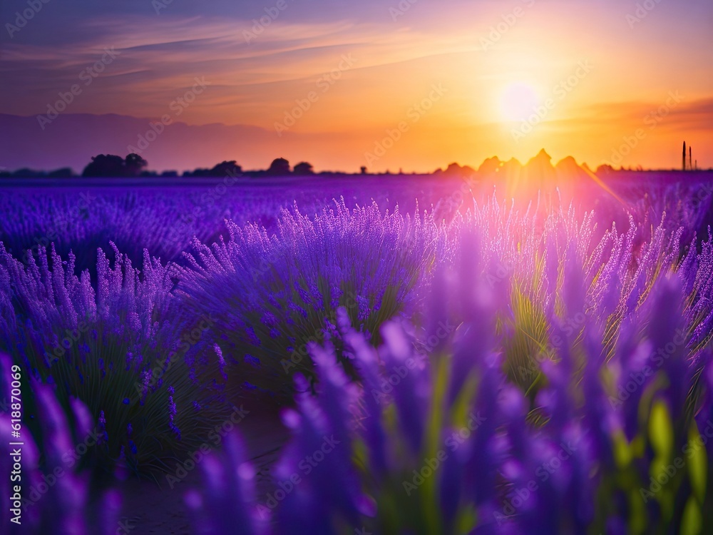 Beautiful lavender field purple blue sky. ai generative
