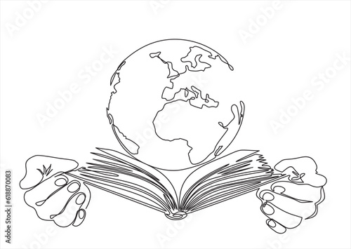 Continuous one line drawing of hands hold open Book and globe Earth planet concept
