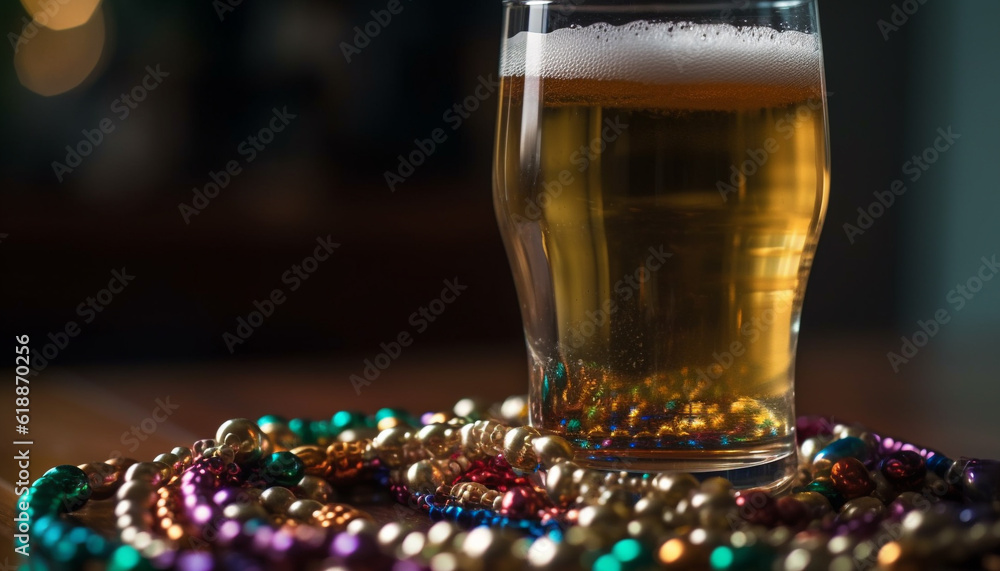 Frothy beer in gold pint glass shines bright generated by AI Frothy beer in gold pint glass shines bright generated by AI