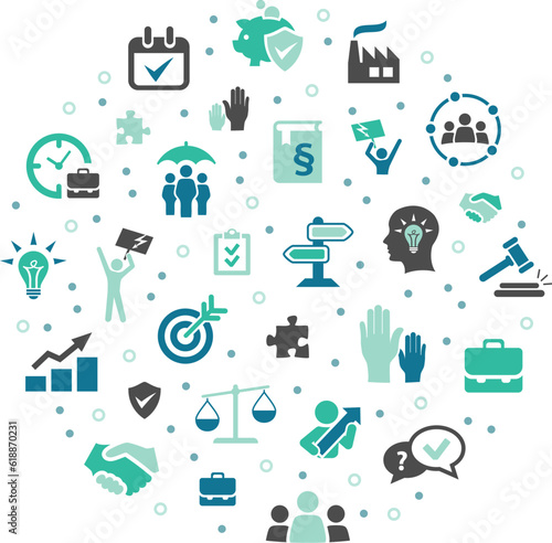 Workers rights vector illustration. Blue concept with icons related to strike action, labour or trade union, employee activism, fight for fair wages, public demonstration