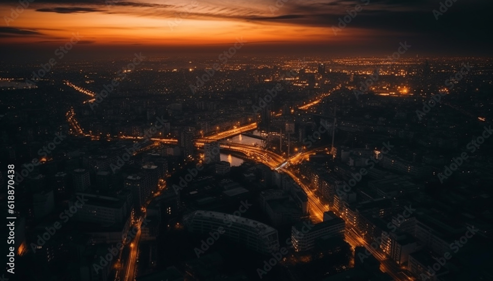 Illuminated skyline reflects city life in twilight generated by AI