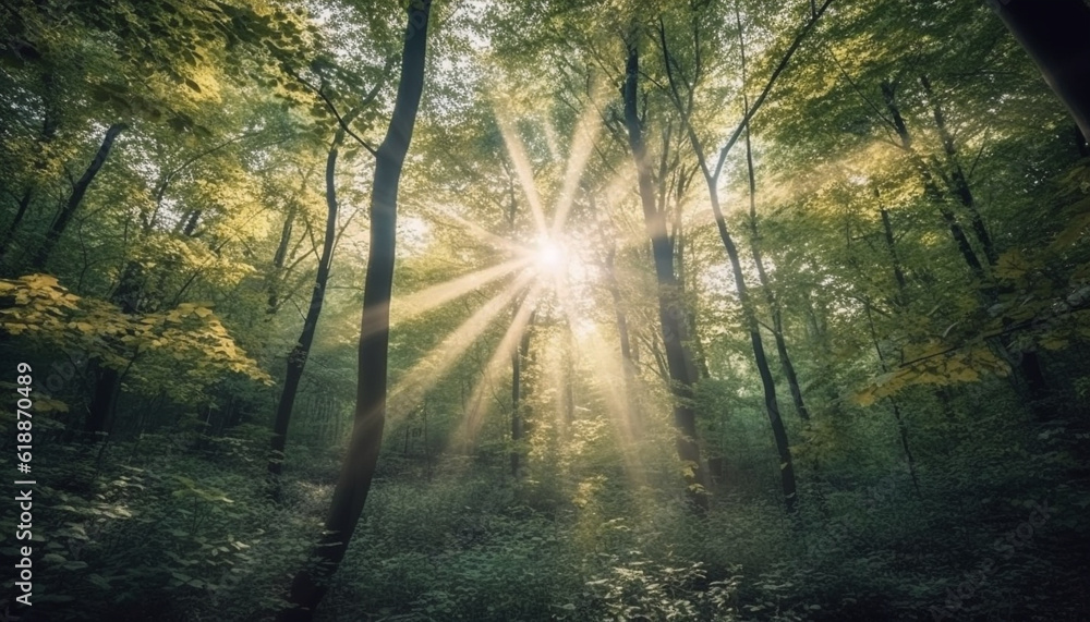 Obraz premium Sunlit forest path leads to autumn beauty generated by AI