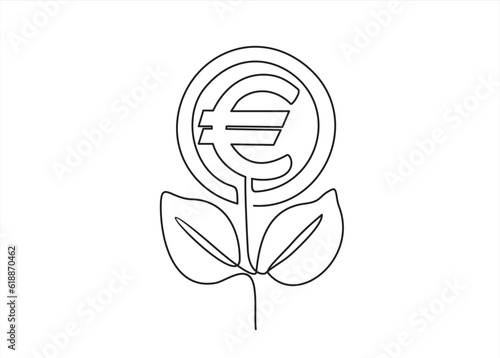 One Continuous line drawing of money tree plant with coin euro. Growing coin tree symbol and finance investment increase concept in simple linear style. 
