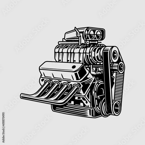 muscle supercharged car engine vector black color on orange background photo