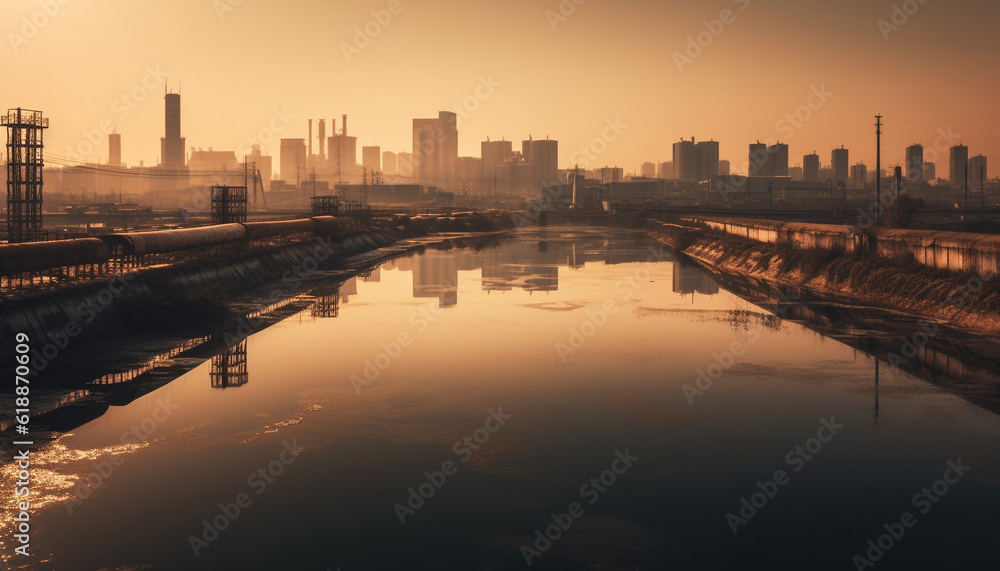 Silhouette of city skyline at dusk, reflecting on water generated by AI