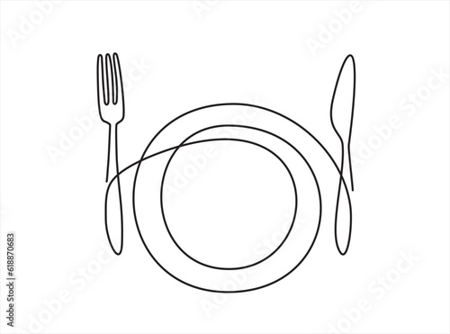 Continuous one line art or One Line Drawing of plate, knife and fork. Restaurant concept hand draw line art design vector illustration for cafe, shop or food delivery service