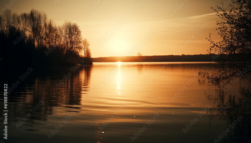 Golden horizon reflects tranquil nature beauty outdoors generated by AI