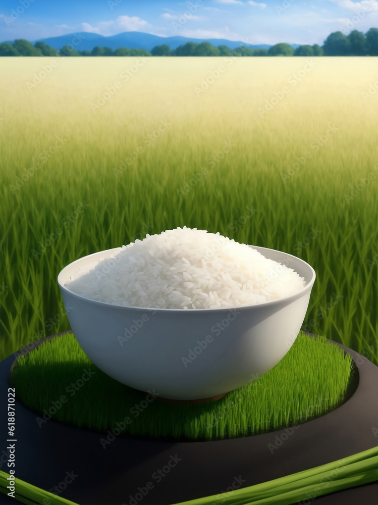 Rice in a ceramic bowl with rice field, Generative AI Illustration. Rice in a ceramic bowl with rice field, Generative AI Illustration.