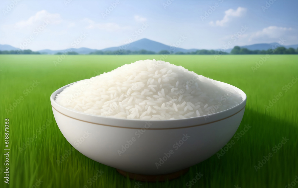 Rice in a ceramic bowl with rice field, Generative AI Illustration. Rice in a ceramic bowl with rice field, Generative AI Illustration.