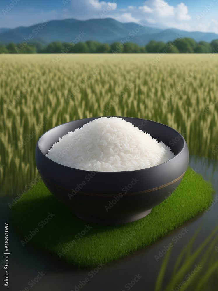 Rice in a ceramic bowl with rice field, Generative AI Illustration. Rice in a ceramic bowl with rice field, Generative AI Illustration.
