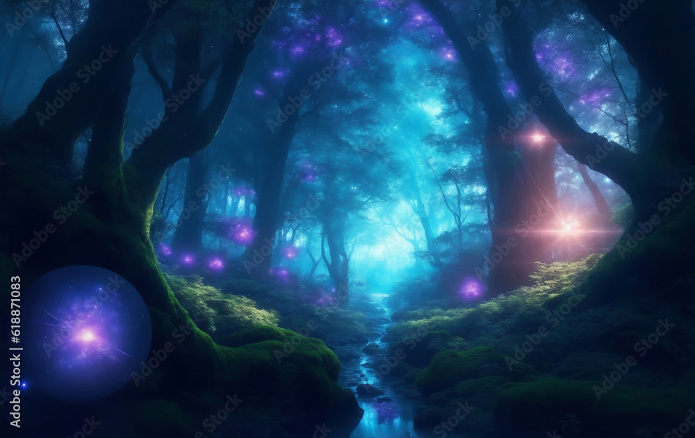 Obraz premium Megical dreamy outer space forest, Generative AI Illustration.