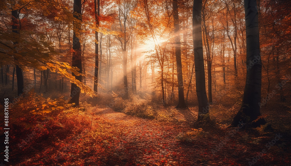 Fototapeta premium Autumn forest glows in vibrant gold sunlight generated by AI