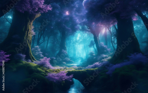 Megical dreamy outer space forest, Generative AI Illustration.