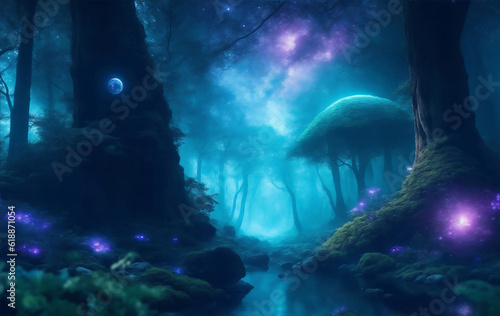 Megical dreamy outer space forest, Generative AI Illustration.