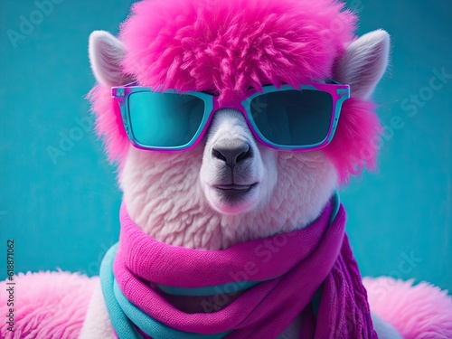 Pink alpaca with long hair and a scarf. ai generative