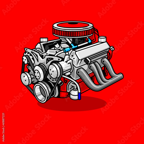 muscle car engine vector on red background