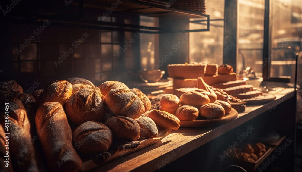 Freshly baked organic bread, a rustic delight generated by AI