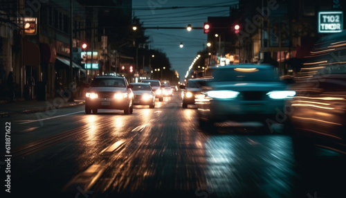 Glowing bus speeds through city busy night generated by AI © Jeronimo Ramos