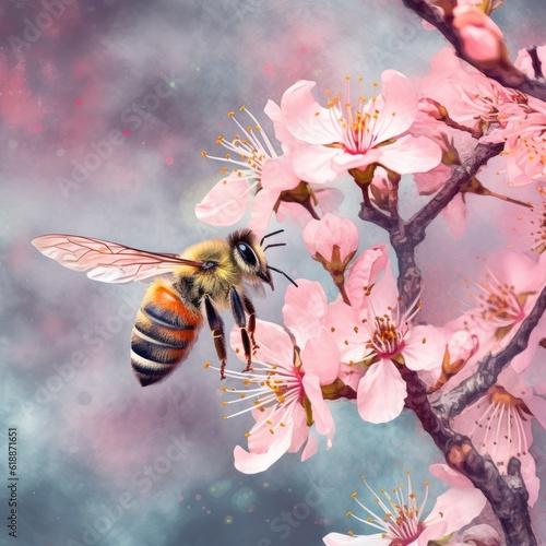  Bee and blooming colorful flower on the flowering plants, blurry background. Generative Ai. © annamaria