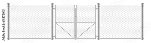 Fence and closed gate. Wire barrier. Metal mesh. Steel net. 3D iron bar. Security wall with door. Military railing. Steel stainless balustrade. Prison enclosure. Vector isolated border