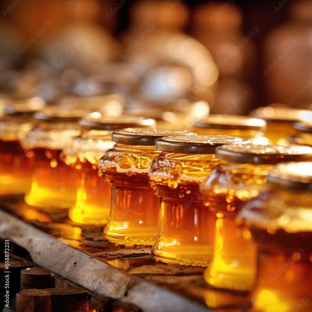 Jars with fresh honey from bees close up. Generative Ai.